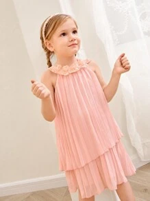 SHEIN 少女法式甜美優雅無袖雪紡蕾絲領仙女連衣裙，適用於海灘度假、夏季 - 粉色 - 查看 3