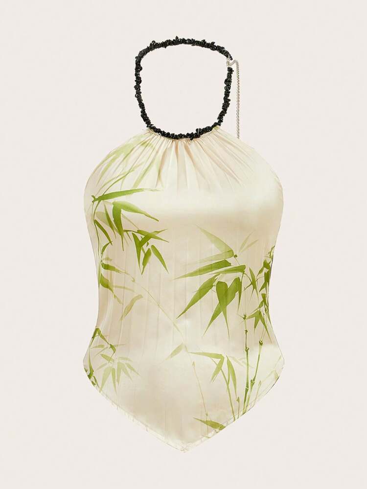 New Chinese Style Gemstone Necklace With Pendant Featuring Printed Bamboo Pattern And Pleated Design Women's Tank Top, Suitable For Music Festival, Valentine's Day And Date Night