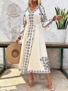 Breezaya Vestido largo elegante y encantador con manga larga y cinturón en la cintura - Albaricoque - Ver 6