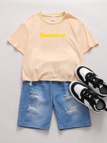 Conjunto de 2 piezas de camiseta estampada con letras de primavera/verano del 4 de julio y pantalones vaqueros desgastados para niños preadolescentes, barato y adecuado para viajes diarios, escuela, ropa casual, vacaciones y deportes