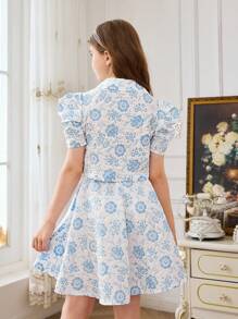 SHEIN DRMZ Tween Girl Tween Girl Áo sơ mi cổ bẻ thường ngày có tay áo dài và váy - trắng - Xem 2