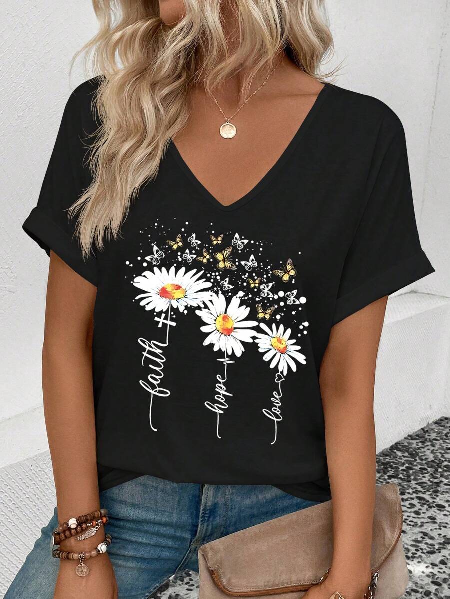 INAWLY 女士V領露肩短袖T恤，捲邊袖口，油畫花卉圖案印花 - 藍色 - 查看 1