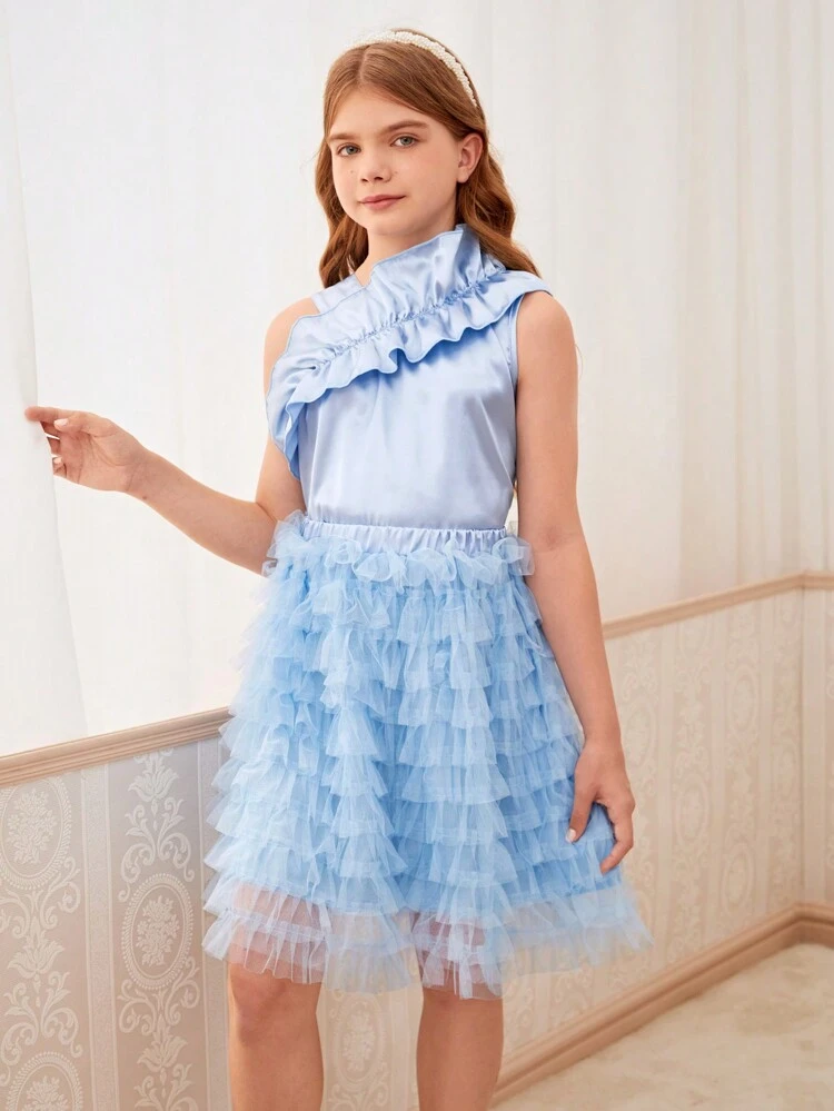Tween Girl Light Blue Asymmetric Collar Sleeveless Top With Ruffle Trim & Mesh Overlay Skirt Cute Set