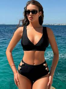 SHEIN Swim Ladies' Solid Color Hollow Out Metal Button Decor Sexy Bikini Set For Vacation Summer - Black - View 3