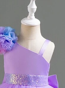 SHEIN Glamorique Kids Asymmetric 3D Mesh Big Train Wedding Party Holiday Birthday Dress For Young Girls - Mauve Purple - View 5