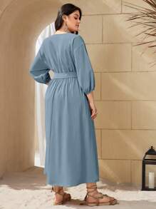 Mulvari Plus Size Bohemian Style V-Neck Belted Dress For Summer - Blue - View 2