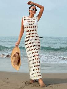 Vestido de punto de cuello redondo de un solo color con diseño calado, para el verano y las vacaciones en la playa