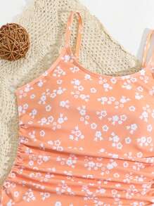 SHEIN Tween Girl Floral Printed Side Drawstring Side One-Piece Swimsuit With Cover-Up Skirt Bathing Suit For Summer Beach Holiday Kids Swimming ,Kids Beachwear - Orange - View 4