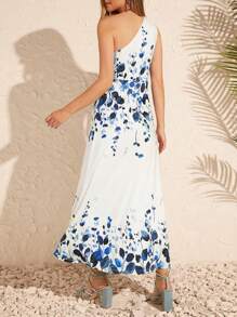 SHEIN Clasi Đầm maxi mùa hè thanh lịch dành cho nữ, kiểu dáng bất đối xứng, khoét vai, họa tiết hoa, xẻ tà cao, thích hợp cho đám cưới hoặc tiệc tùng. - Xanh và trắng - Xem 3