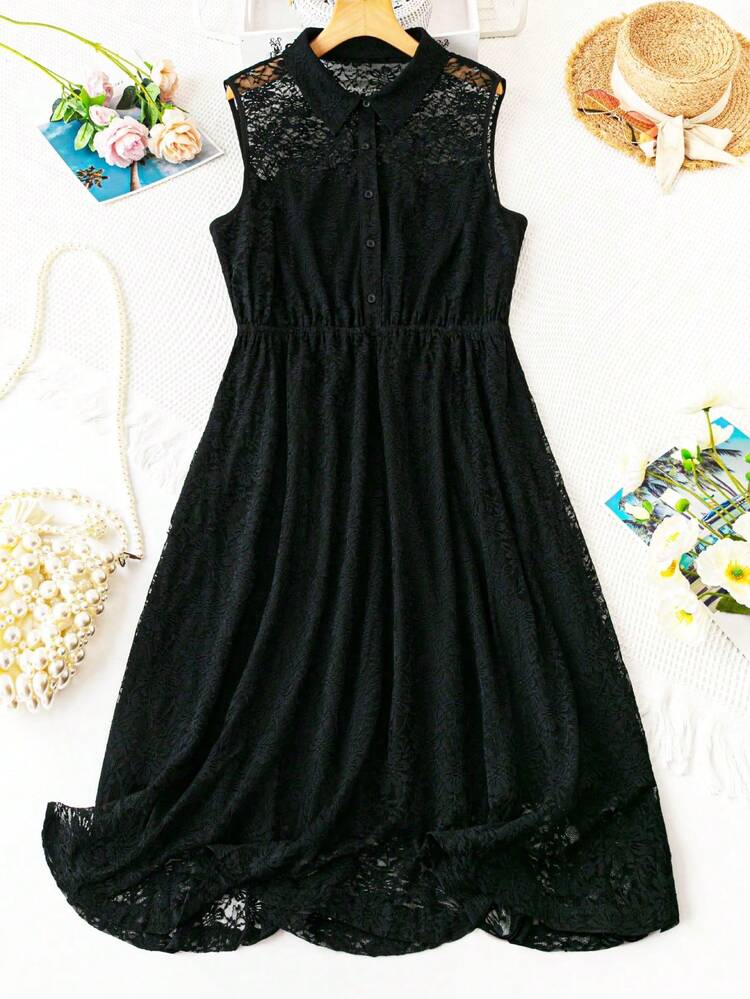 Plus Size Women Fashionable Black Lace Sleeveless Dress