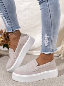 Women's Fashionable Plus-Size Comfortable Loafers, Slip-On Sneakers With Waterproof Platform, Khaki