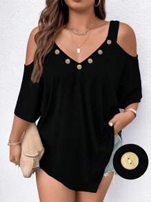 Plus Size Màu trơn Nút trang trí đơn giản Áo thun trễ vai - màu đen - Xem 1