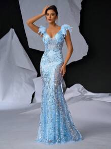 Glamrae 優雅天藍色亮片深V領肩部羽毛裝飾腰側性感透視修身美人魚裙及地長禮服，適用於舞會 - 淺藍色 - 查看 6