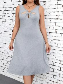 SHEIN Clasi Plus Size Summer Wooden Ring Decorated Solid Waist Cinched Dress - Light Grey - View 5