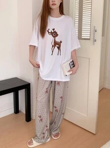DAZY Loose Fit Short Sleeve White Top And Pants Pajama Set With Deer Print