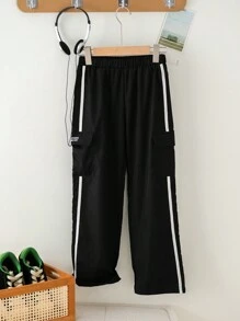 SHEIN Cậu bé Tween Lỏng lẻo Thể thao Dệt hoa Chữ cái Camo Quần Cargo - màu đen - Xem 6