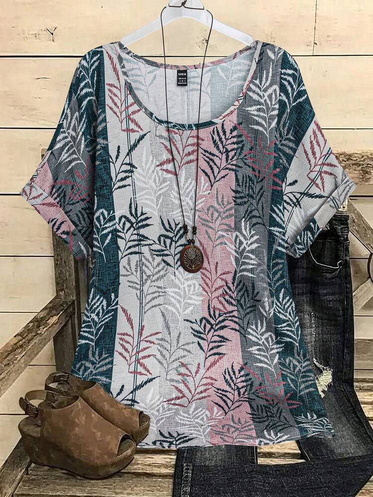 Vacation Leisure Color Block Striped Botanical Print Batwing Sleeve Shirt