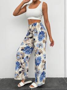 RueChic Women's Blue Floral Print  Wide Leg Pants - Blue - View 3