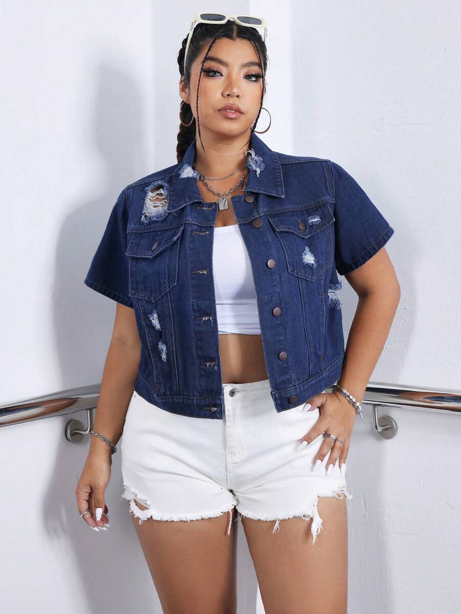 SHEIN ICON 大尺碼女士單色簡約日常牛仔外套 - 中等水洗藍 - 查看 1