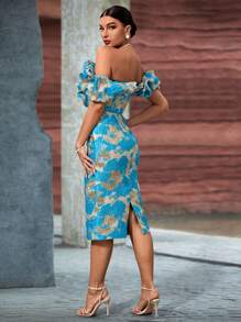 Women Blue Jacquard Off Shoulder Dress Party Dress Wedding Guest Cocktail Dress - Blue - View 2