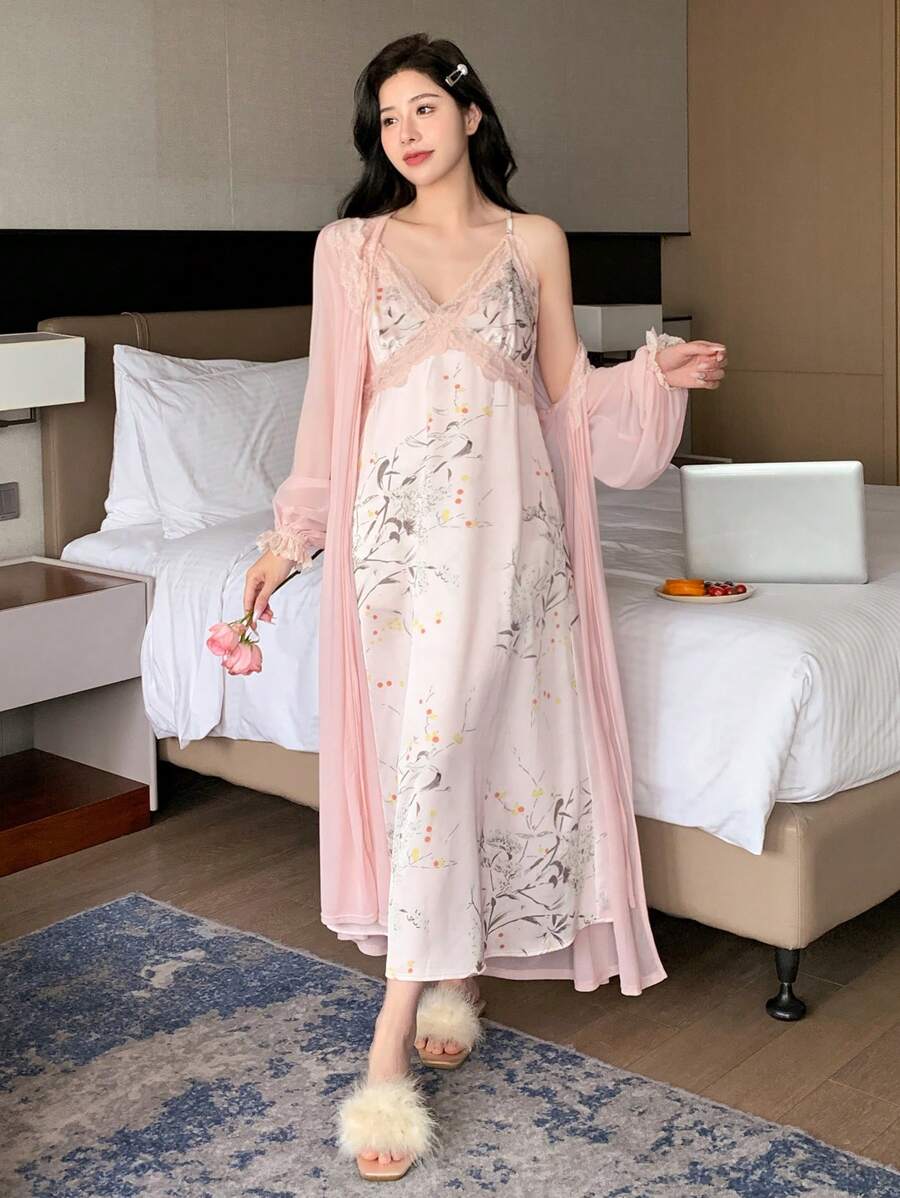 DAZY Lace Trimmed Satin Cami & Shorts Pajama Set With Romantic Sheer Mesh Robe - Pink - View 1