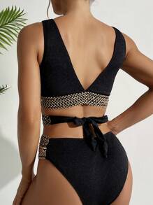 SHEIN Swim مجموعة بيكيني نسائية جذابة مع حزام مضفر لإجازة الصيف - الأسود - مشاهدة 3