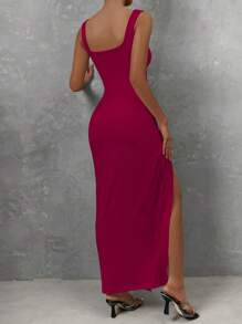 Chiquease Summer Sexy Solid Color Twisted Hollow Out High Side Slit Sleeveless Dress - Burgundy - View 2