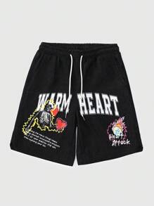 ROMWE MEN Street Life 男士口號印花牛仔短褲，適合春夏日常穿著 - 黑色 - 查看 1