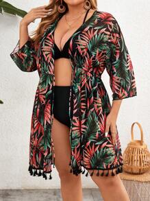 Swim Lushoire Plus Size Women Vacation Style Long Sleeve Kimono With Tree Leaf Print Summer