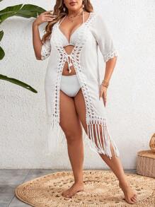 大码女式纯色简约日常穿着流苏装饰和服夏季 - 白色 - 查看 4