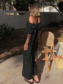 DAZY Đầm maxi nữ màu trơn, kiểu dáng rộng rãi, hở vai, thích hợp cho kỳ nghỉ, kiểu đầm Milkaid, đầm maxi xếp nếp. - màu đen - Xem 3