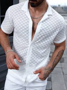 Manfinity Homme Men Summer Casual Solid Color Textured Short Sleeve Shirt Slim Fit Button Up Collar Plain Shirt - White - View 1