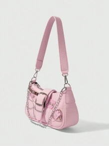 ROMWE Kawaii New Sweet And Cool Women Shoulder Bag, Punk Motorcycle Bag With Chain Pendant, Cute Shoulder Bag, School Valentines