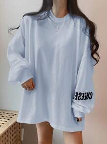 DAZY Women's Spring/Summer Slogan Printed Round Neck Loose Fit Long Sleeve Casual T-Shirt THE CHEESE IS A METAPHOR FOR WHAT YOU WANT IN LIFE - Blue - View 4