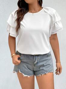 Franclia Camisa de mujer de talla grande, de unicolor y con manga de varias capas para el verano - Blanco - Ver 4