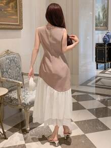 DAZY Ladies' Fashionable Elegant Sheer Mesh Splice Waist Cinched Dress, Birthday Prom Dress,Ruffle