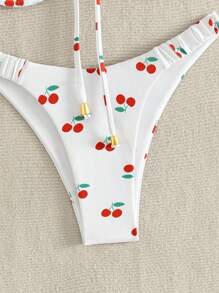 Swim Mod Summer Beach Women Cherry Print Knot Front Bikini Set - White - View 5