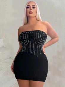 SHEIN LUNE 大尺碼夏季性感鑽石修飾連身無肩帶迷你裙 - 黑色 - 查看 1