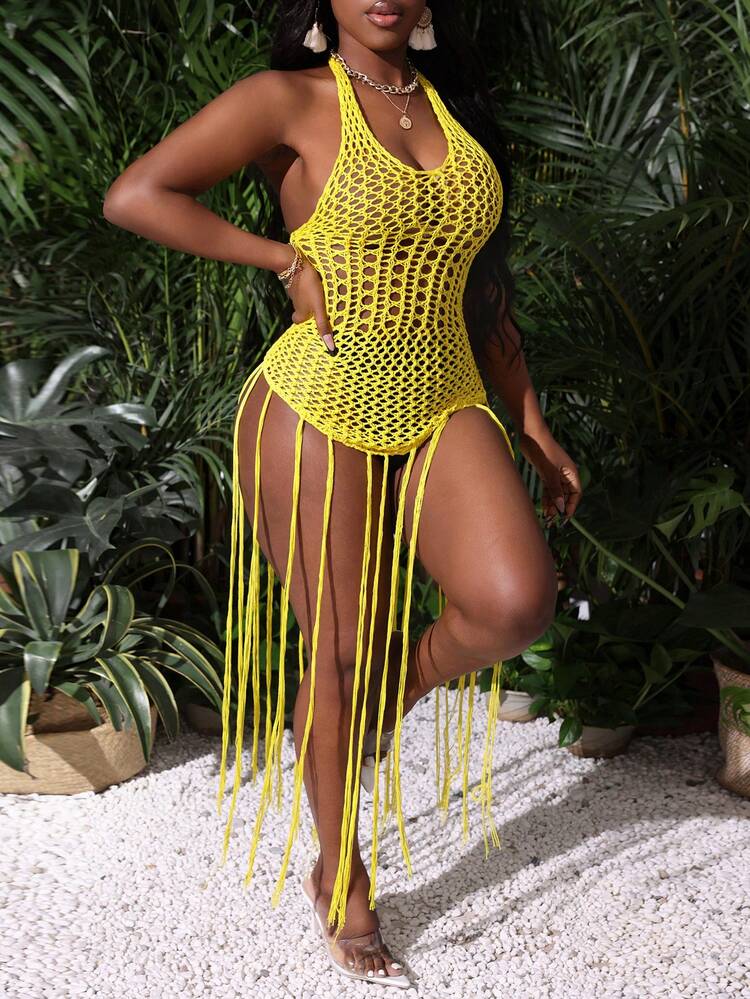 Crochet Tassel Hollow Out Beach Style Knitted Dress