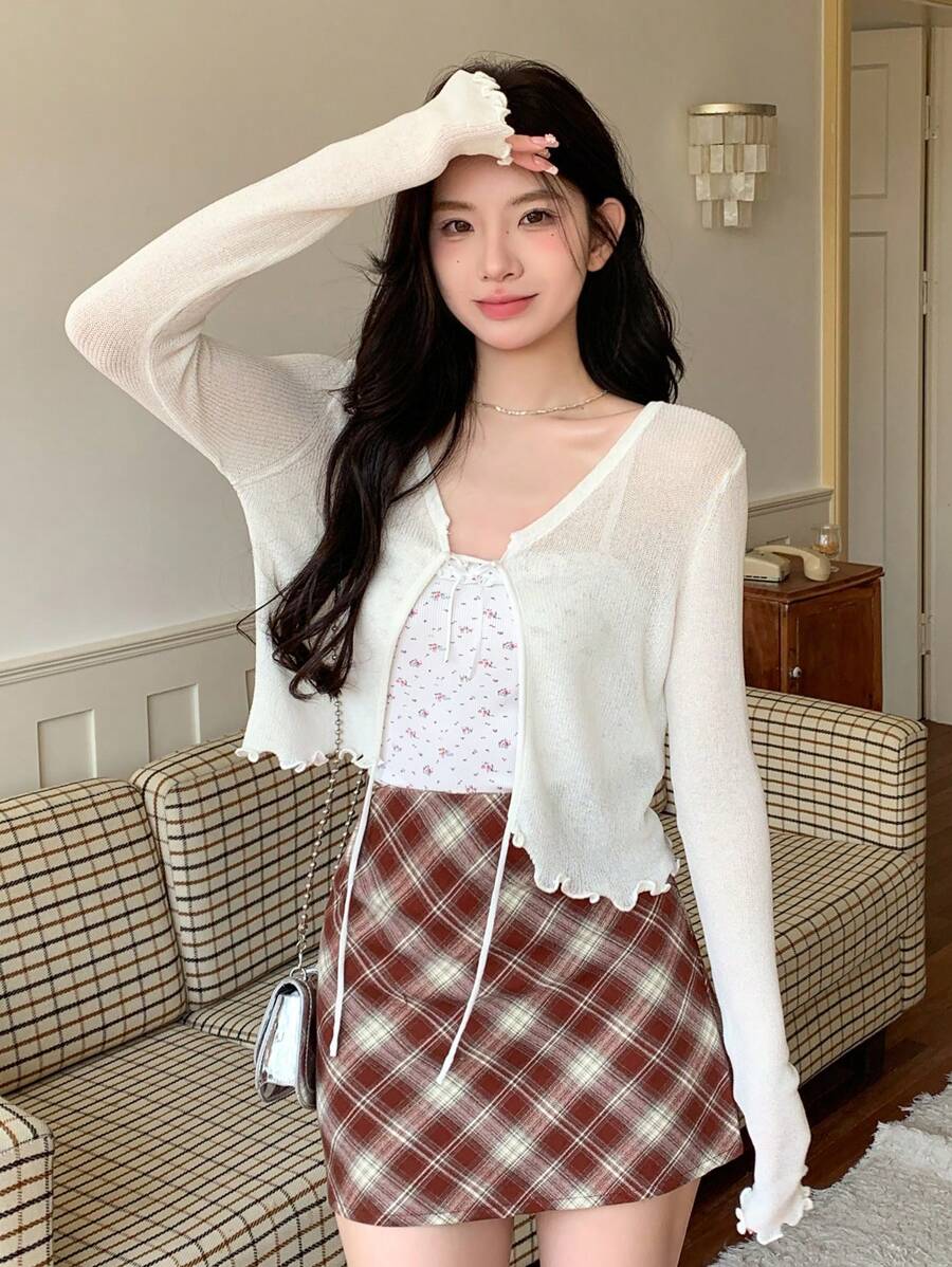 DAZY 女式春夏休闲纯色透视针织开衫 - 杏色 - 查看 1