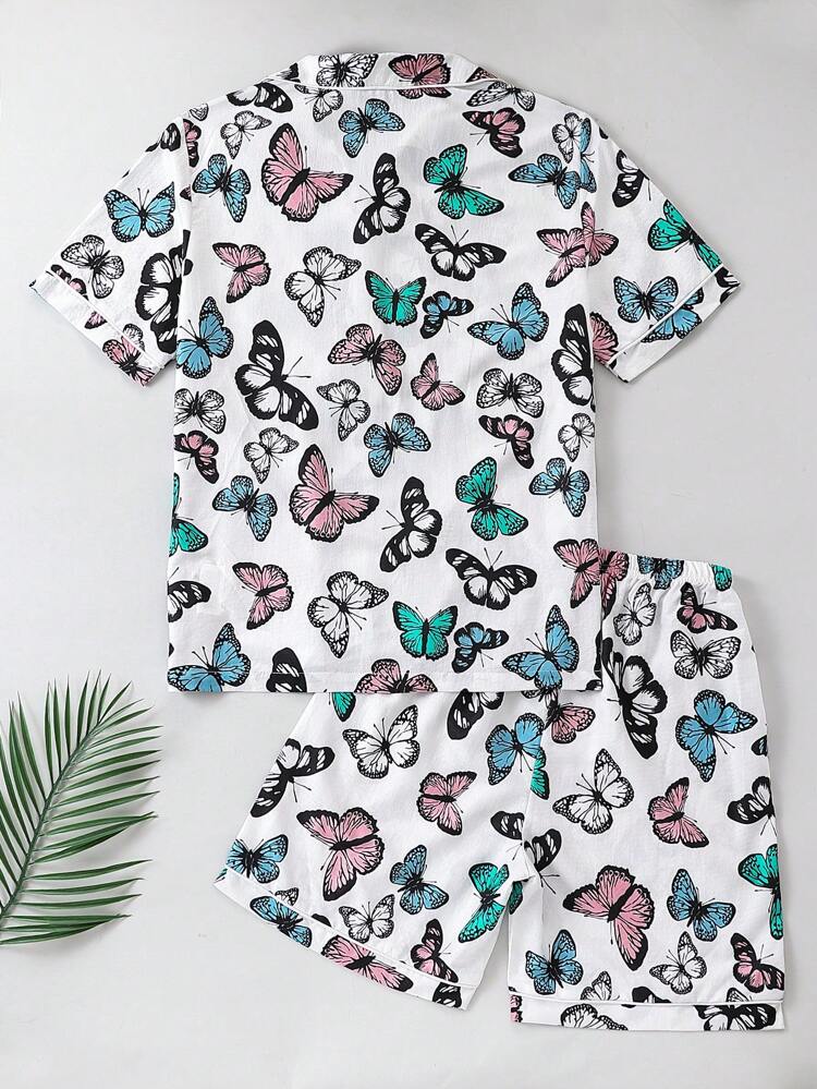 Women's White Allover Print Colorful Butterfly Pattern Short Sleeve Cardigan With Shorts Casual 2 Pieces Sleepwear Set