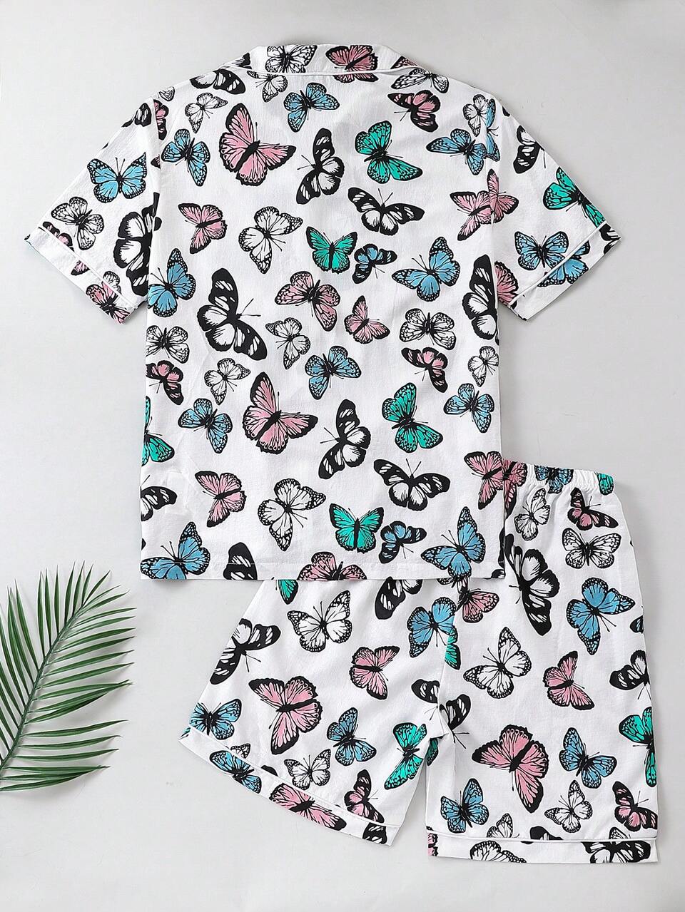 Women's White Allover Print Colorful Butterfly Pattern Short Sleeve Cardigan With Shorts Casual 2 Pieces Sleepwear Set