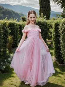 SHEIN Tween Girl Wedding Season 3D Flower Tulle A-Line Dress With Gathered Waist Strap, Elegant For Birthday Parties, Banquets & Weddings - Pink - View 1