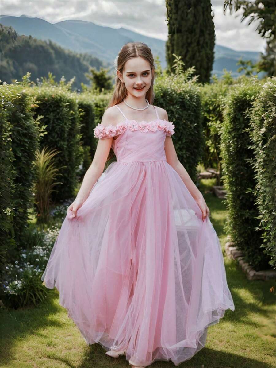SHEIN Tween Girl Wedding Season 3D Flower Tulle A-Line Dress With Gathered Waist Strap, Elegant For Birthday Parties, Banquets & Weddings - Pink - View 1