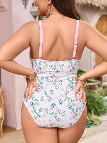 Swim Mod Plus Size Summer Beach Plant Printed One-Piece Swimsuit With Straps - Multicolor - View 2