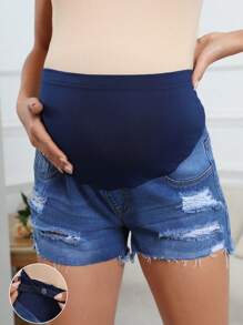 SHEIN Gravid Enfärgad Enkla ihåliga jeansshorts - Mediumtvätt - Visa 1