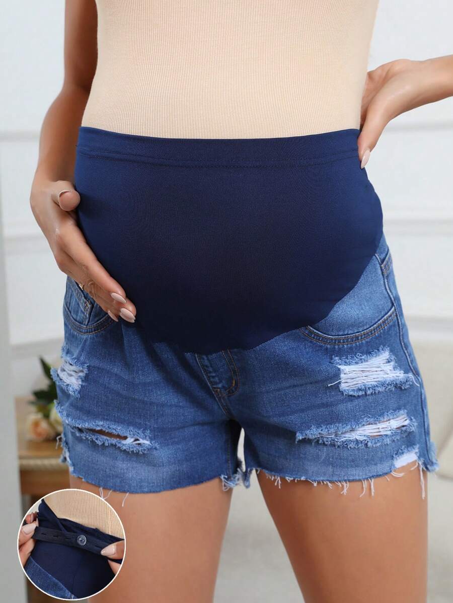 SHEIN Gravid Enfärgad Enkla ihåliga jeansshorts - Mediumtvätt - Visa 1