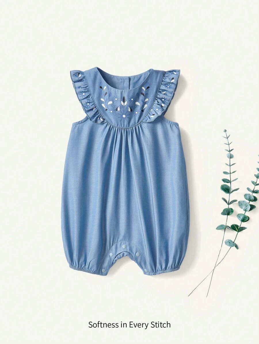 Cozy Pixies Baby Girl Floral Print Ruffled Collar Short Sleeve Sleeveless Romper - Blue - View 1