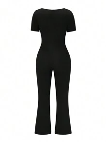 Calvaya Plus Size Women Fashionable Solid Color Simple Bell-Bottoms Jumpsuit With Square Neckline - Black - View 5
