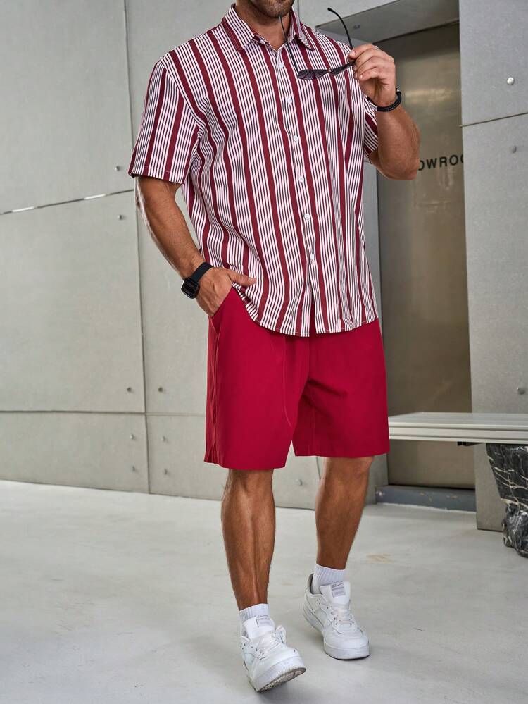 Men's Plus Size Striped Printed Short-Sleeved Shirt With Front Buttons And Solid Color Shorts With Pockets, Casual Summer 2pcs Outfit
